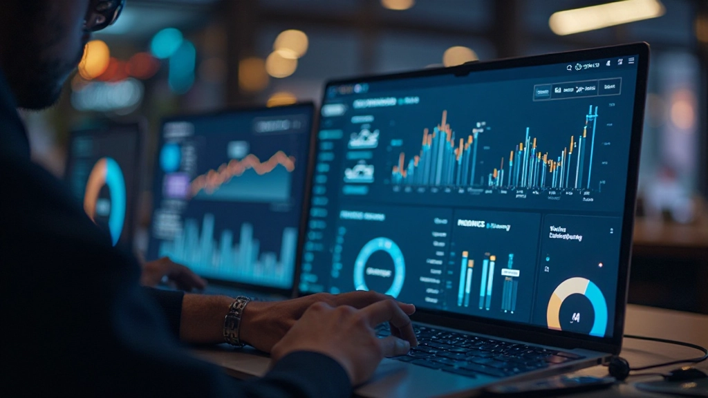 Dashboard mockup met goed georganiseerde informatiehiërarchie waarbij grote getallen bovenaan prominent weergegeven worden met ondersteunende grafieken eronder