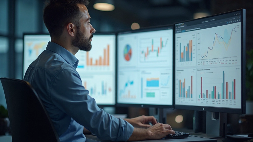 Designer werkt aan financiële dashboard interface op grote monitor met grafieken