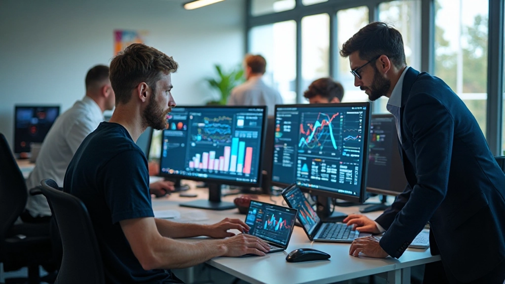 Team van designers en developers die samenwerken aan fintech interface design