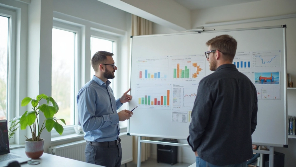 Twee designers bespreken wireframes en prototypes van fintech dashboard interface op whiteboard met aantekeningen